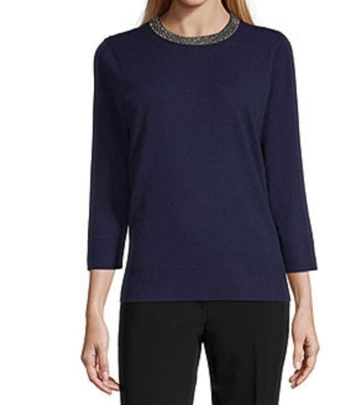 LIZ Claiborne Navy Blue Jewel Neck 3/4 Sleeve Sweater - Picture 1 of 4